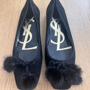 Yves Saint Laurent Black Flats with Pom-Poms
